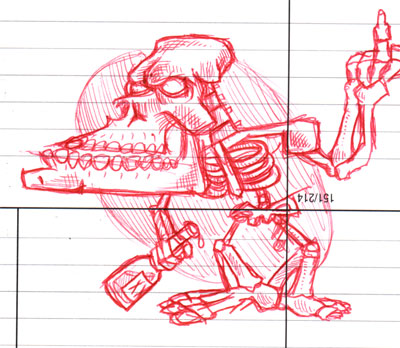 cartoon skeleton with bottle of liquor/booze, sketch drawn in red ink