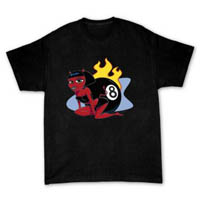 T-shirt with cute cartoon pinup devil girl with 8-ball & hot rod flames