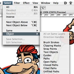 Adobe Illustrator Select menu screenshot with â€˜Select Menuâ€™ additions