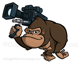 Cartoon gorilla mascot character with video camera