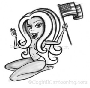 Cute pinup girl cartoon character mascot sketch with American flag