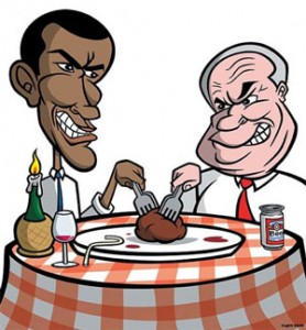 Cartoon illustration of Obama & McCain fighting over a meatball on dinner plate.