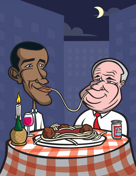 Cartoon parody illustration of Obama & McCain, satire of "The Lady & The Tramp"