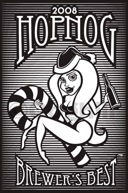 Cartoon pinup girl with Santa hat & beer bottle, on candy cane.