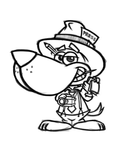 Sketch of a cartoon dog news reporter character