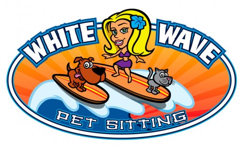 Cartoon surfer girl with dog and cat logo