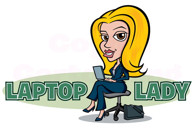 Businesswoman with laptop computer cartoon character logo for Laptop Lady