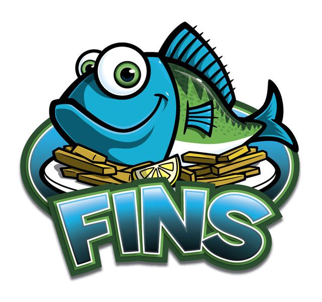 Cartoon fish character logo for Fins restaurant