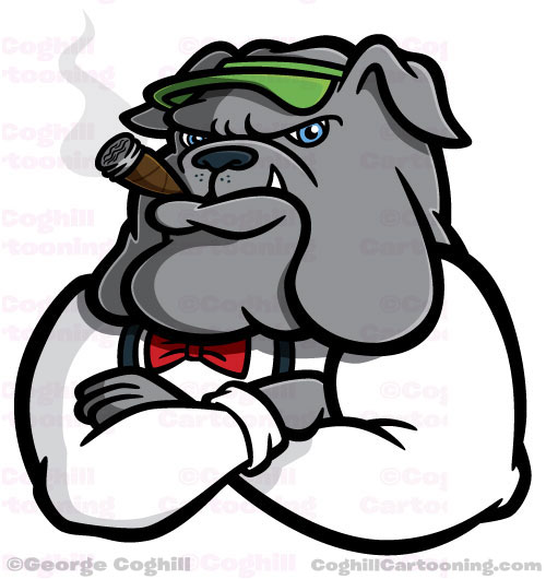 Cartoon character of a bulldog as a casino dealer