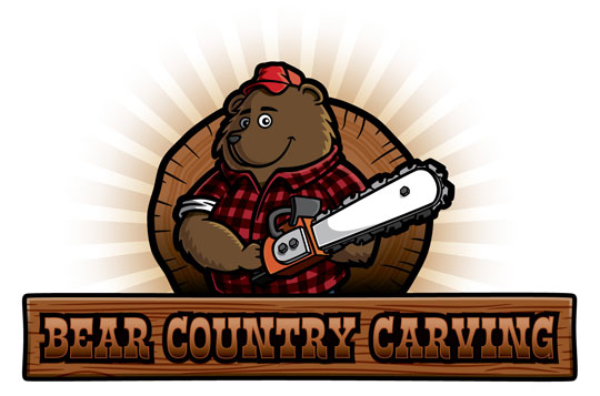 Cartoon bear character lumberjack with chainsaw logo