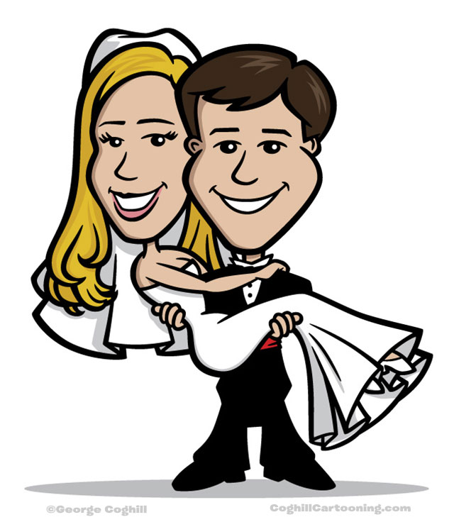 Bride & groom wedding cartoon characters portrait ilustration