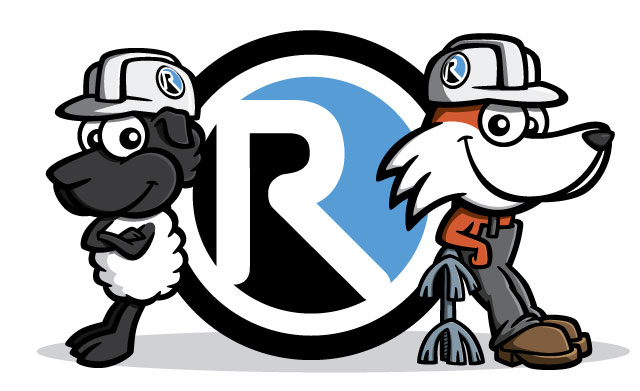 Fox & sheep cartoon characters with Reinhart Hydrocleaning logo