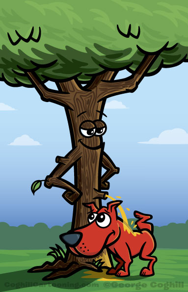 Tree peeing on a dog cartoon illustration