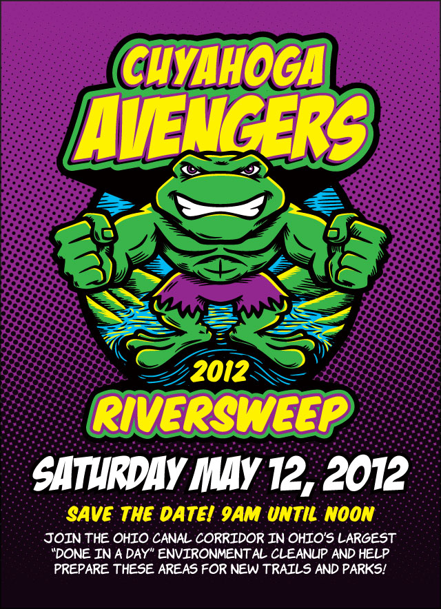 Hulk frog Cuyahoga Avengers cartoon postcard design River Sweep 2012