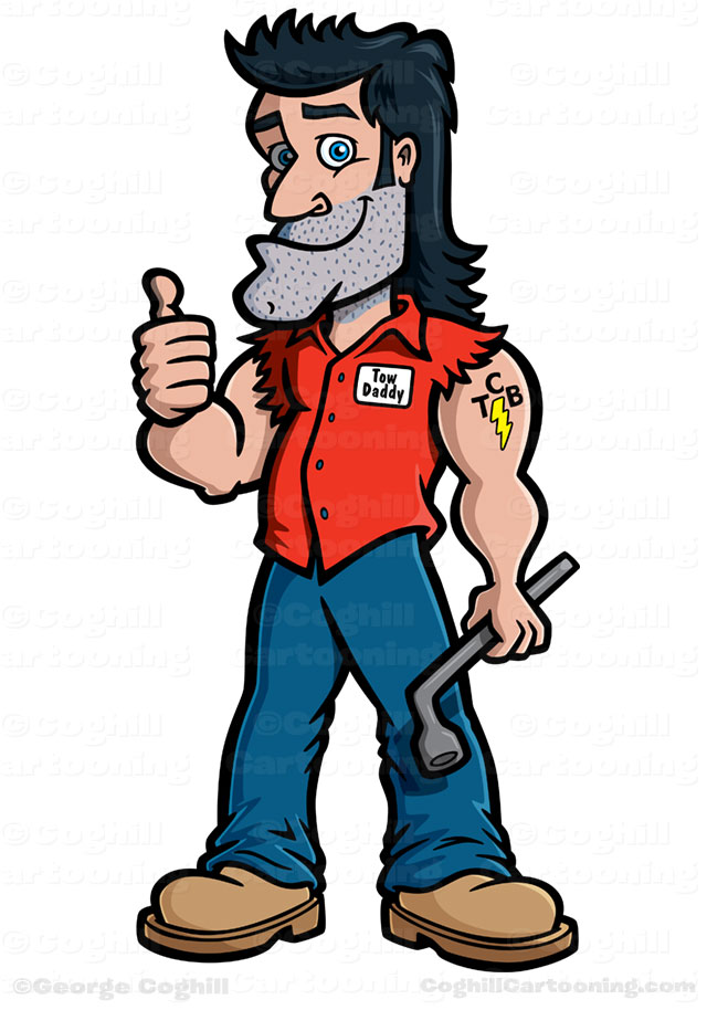 Redneck Mechanic Cartoon Character Mascot - Tow Daddy - Coghill Cartooning