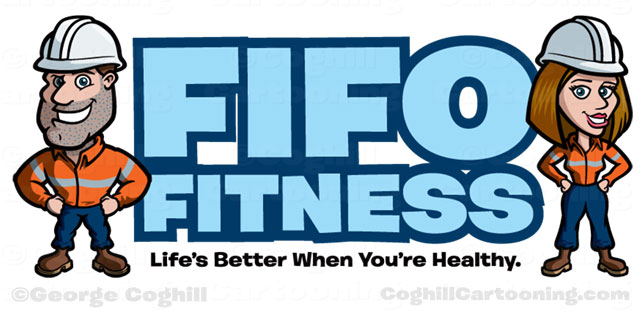 Cartoon Construction Worker Man And Woman Logo Fifo Fitness • Coghill Cartooning Cartooning 