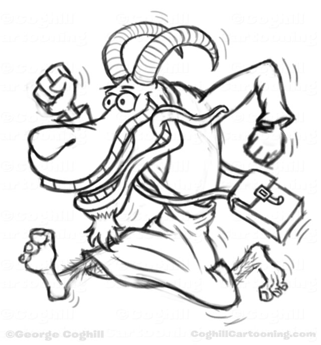 Running goat man with vagabond cloak and satchel. Cartoon Character Sketch by George Coghill