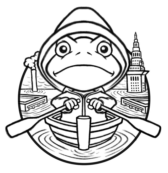 River Sweep 2013 Sketch - cartoon frog in rowboat, flooded Cleveland Ohio