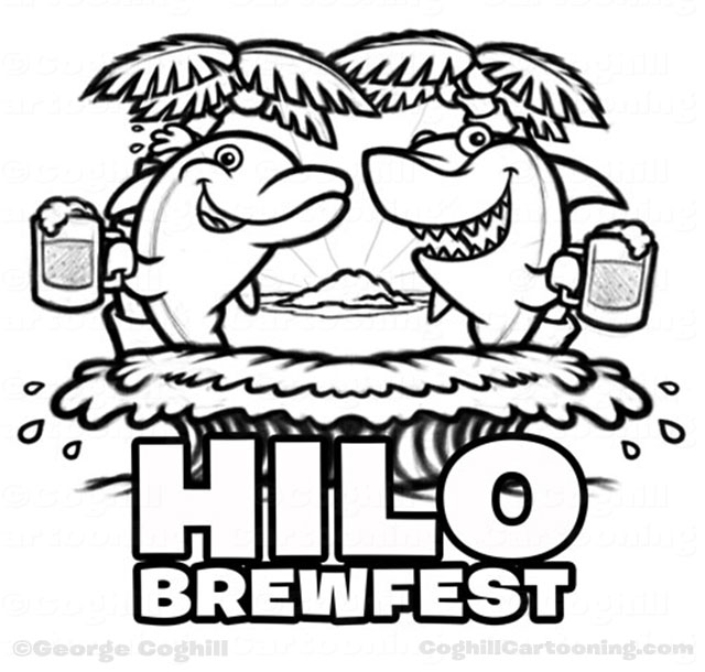 Dolphin shark beer cartoon character logo Hilo Brewfest sketch 