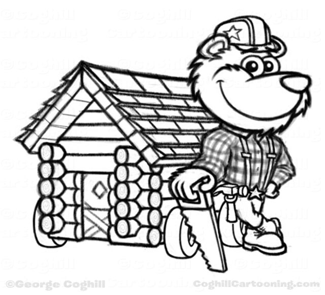 Lumberjack bear log cabin cartoon character sketch