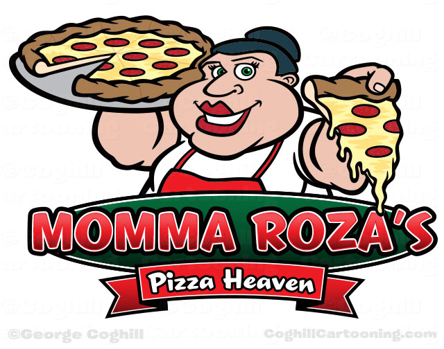 Pizza shop cartoon logo woman holding pie & slice for Momma Roza's Pizza Heaven