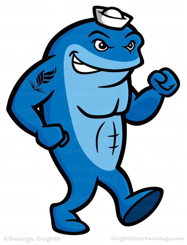 neomed university walking whale cartoon mascot character