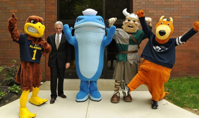 From left: Kent State Golden Flash, some old guy, NEOMED Walking Whale, Cleveland State Viking, Hiram Terrier.