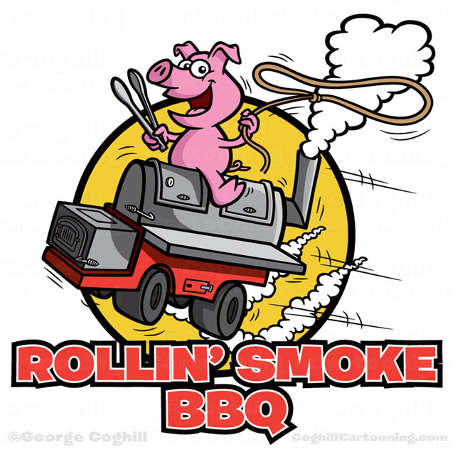 Pig riding BBQ smoker grill cartoon logo for Rollin' Smoke