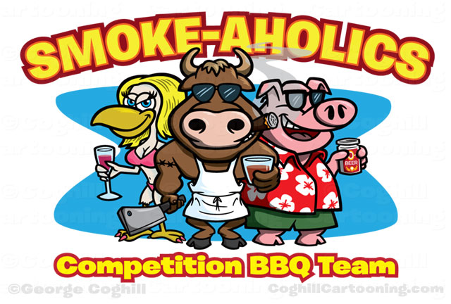 Bull Chicken Pig Cartoon Logo Smokeaholics BBQ