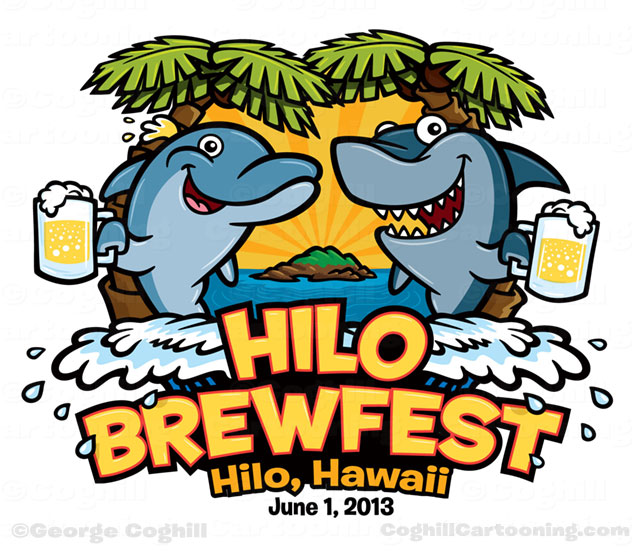 Cartoon logo dolphin shark beer island ocean Hilo Brewfest