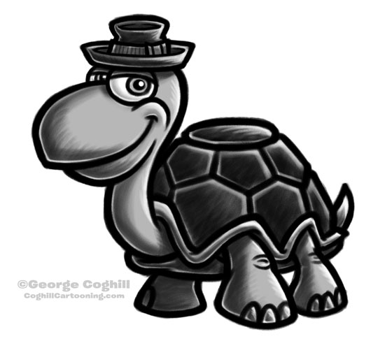 Turtle wearing porkpie hat cartoon character sketch by George Coghill.