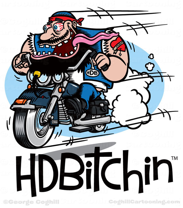 HDBitchin cartoon biker hot rod motorcycle cartoon logo.