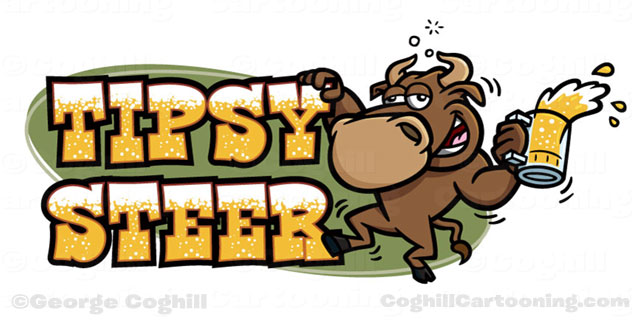 Tipsy Steer drunk bull beer cartoon logo Coghill