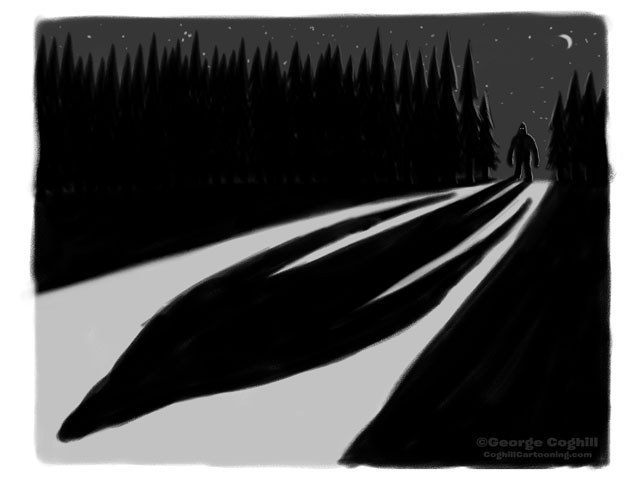 Bigfoot Moonlight Shadow in Forest Cartoon Sketch