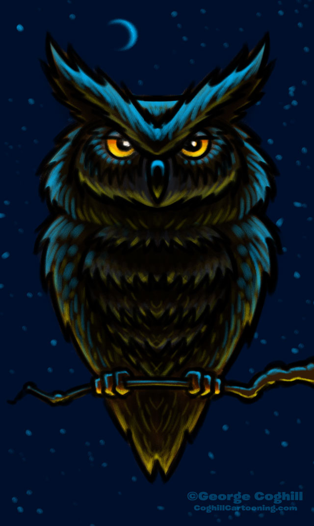 Owl in Moonlight on Branch Cartoon Character Sketch