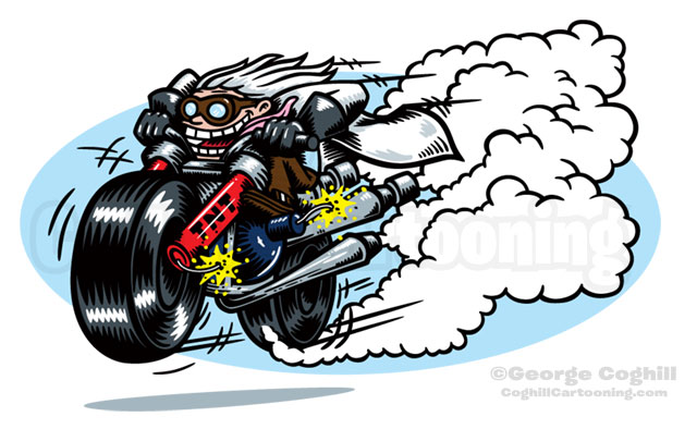 Suspect Device Mad Scientist Motorcycle Hot Rod Racer Cartoon Mascot Character Illustration Coghill