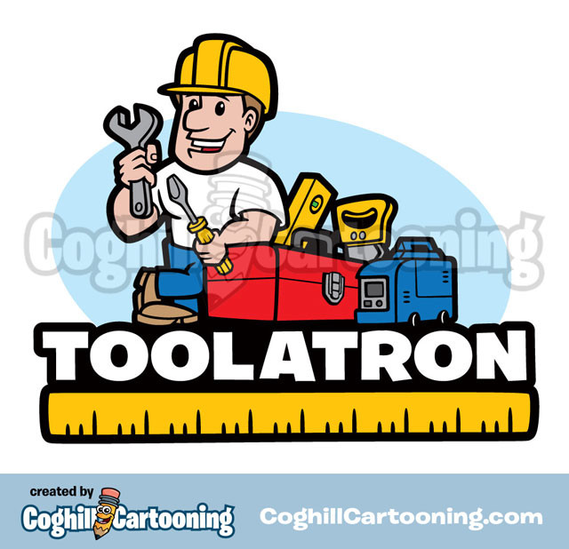 Construction Worker And Tools Cartoon Logo Toolatron 