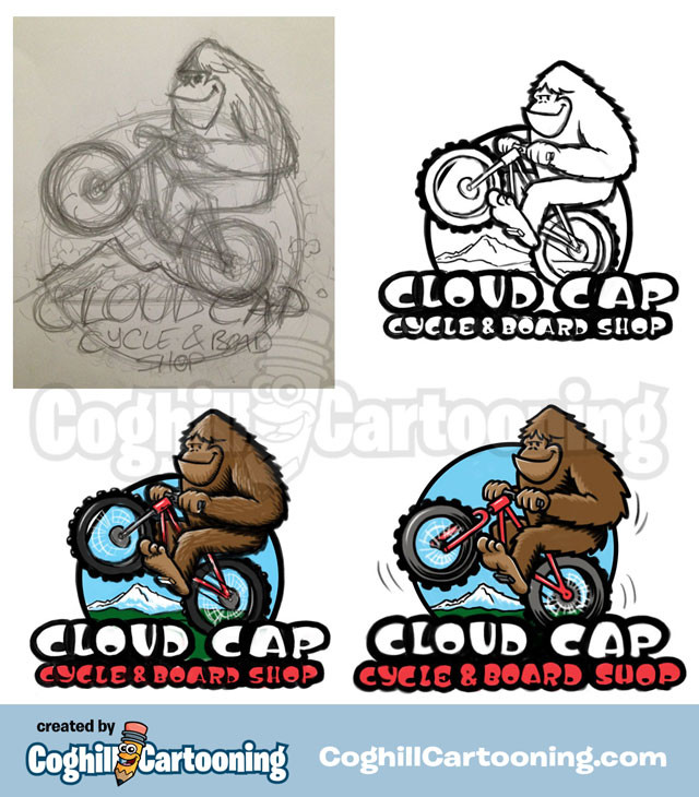 Sasquatch Bicycle Cartoon Logo Cloud Cap Cycle Board Sketch Progress