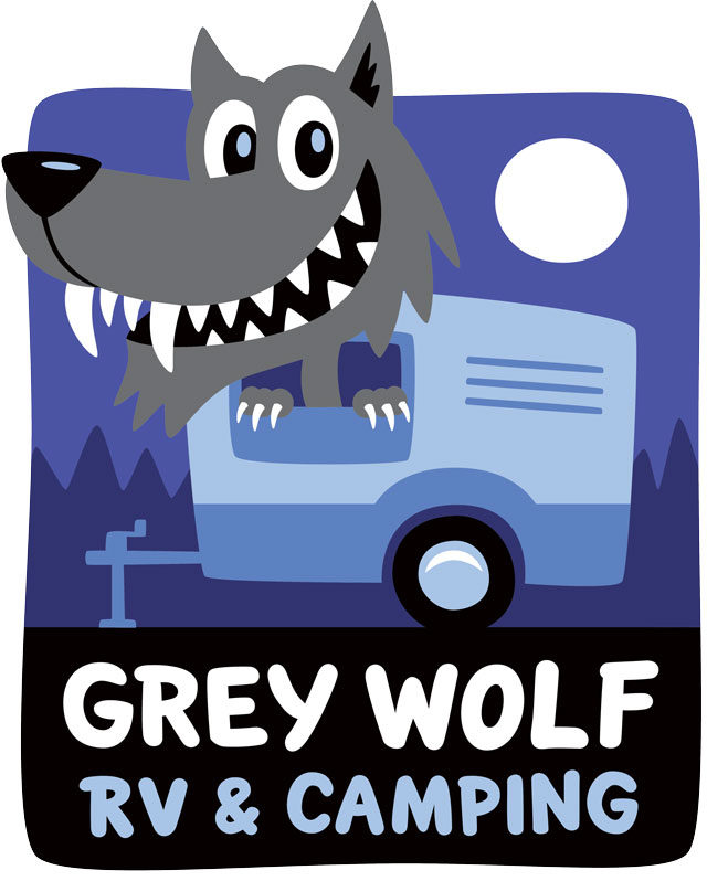 Grey Wolf RV cartoon logo.