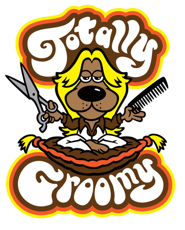 Totally Groomy retro 1970s dog hairstylist cartoon logo.