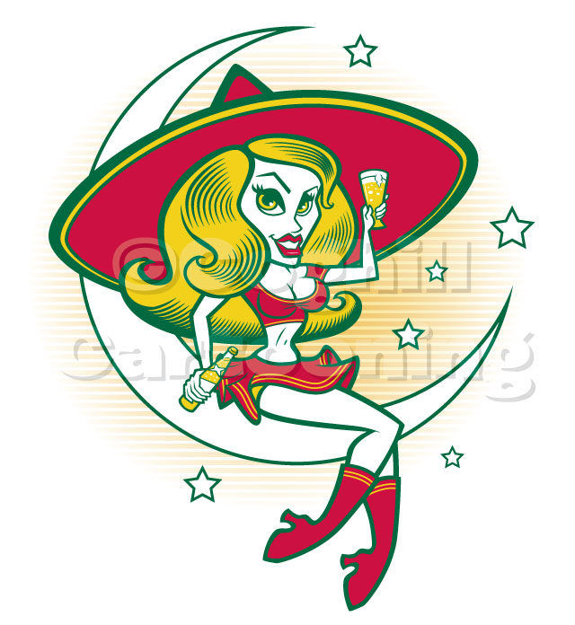 Witch girl in the moon with beer cartoon illustration. 