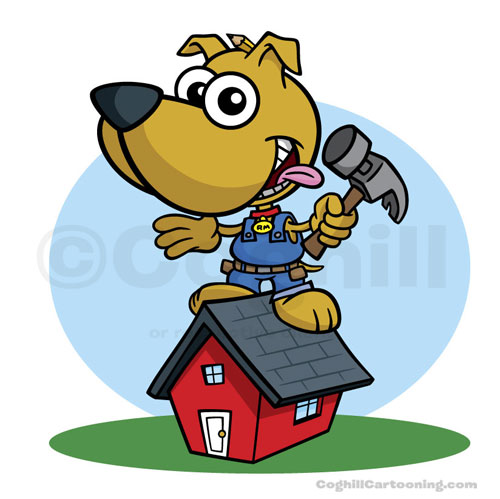 Cartoon carpenter dog with hammer.