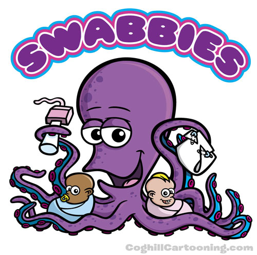 Cartoon octopus character holding babies & diaper