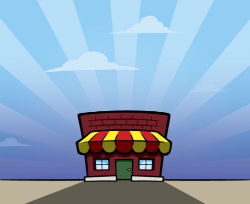 Cartoon-style "Mom & Pop" store building illustration