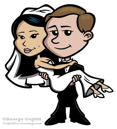 Cartoon bride & groom wedding characters.