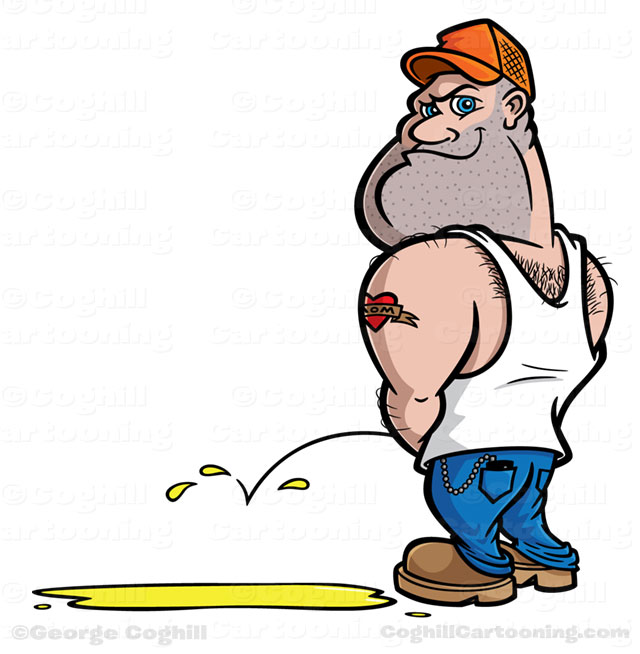 Redneck/hillbilly trucker peeing cartoon character by George Coghill