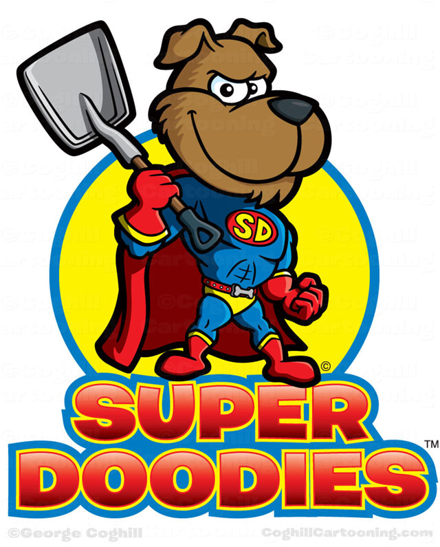 Superhero dog cartoon logo for Super Doodies