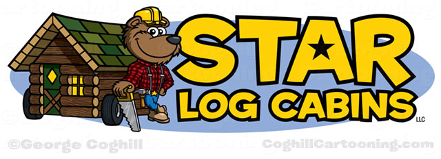 Lumberjack bear with log cabin cartoon logo
