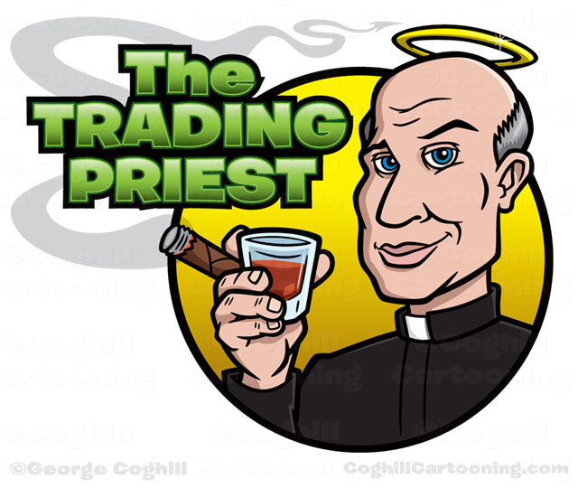 Priest with halo, cigar & whiskey cartoon logo for Trading Priest