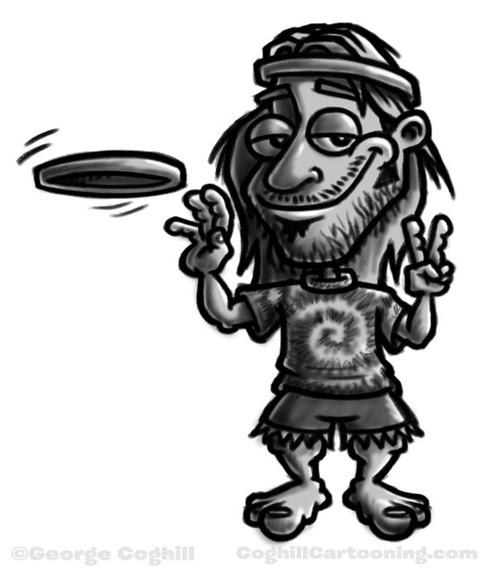 Hippie with frisbee cartoon character sketch by George Coghill.